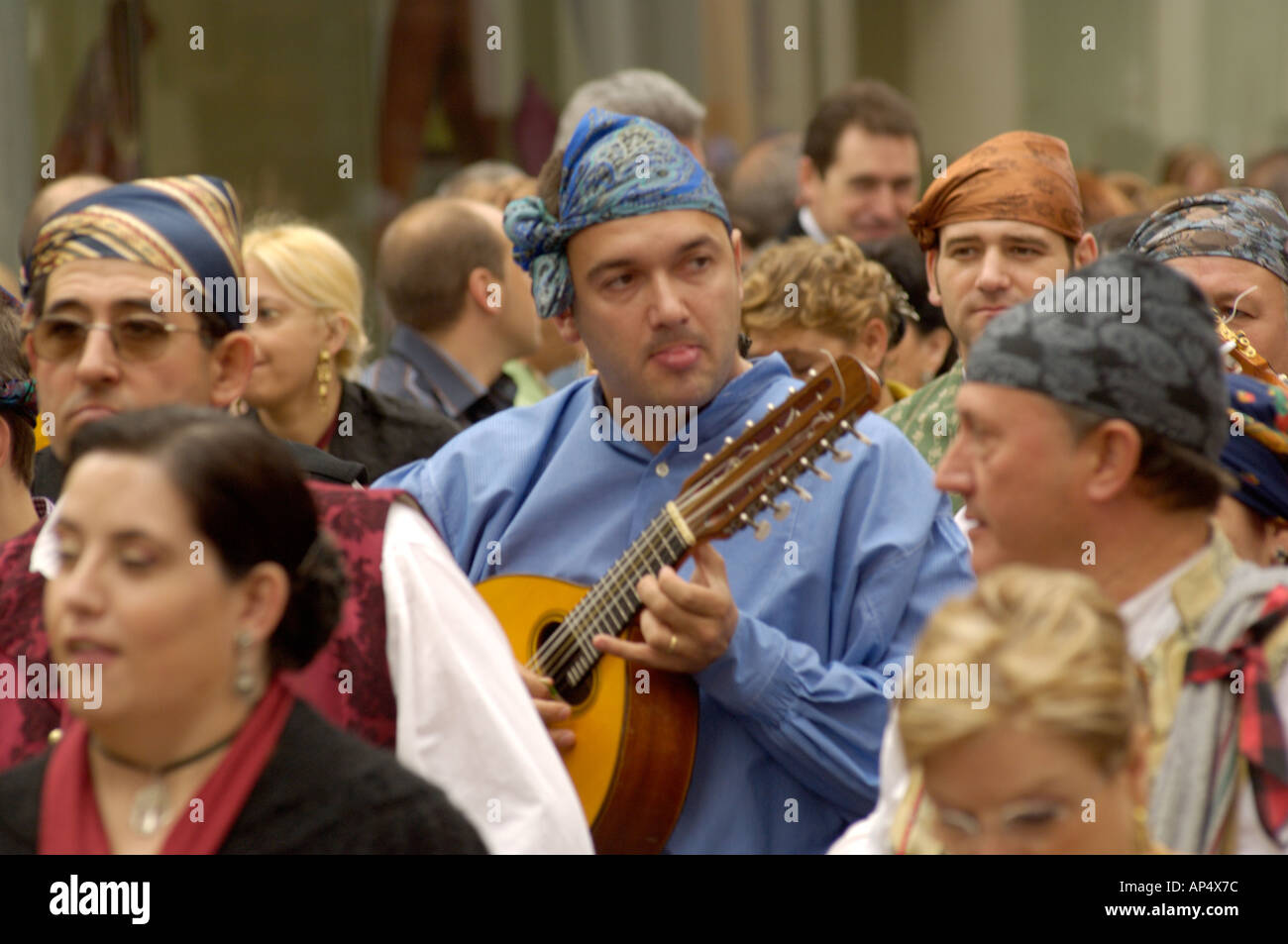 Musician in the procession at the fiesta del Pilar Zaragoza Spain Stock Photo