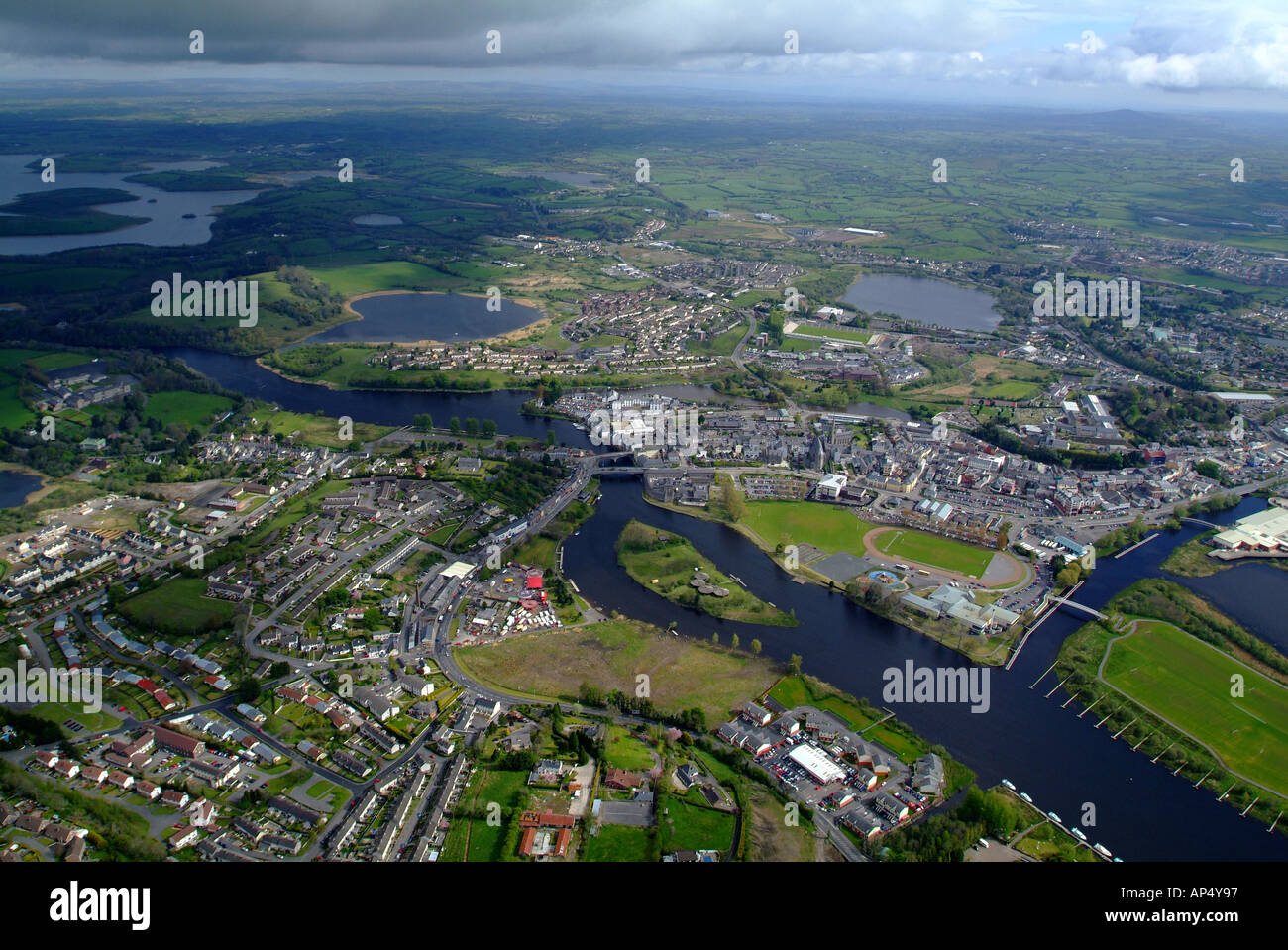 Enniskillen, County Fermanagh, Lower Lough Erne, aerial, Northern Stock