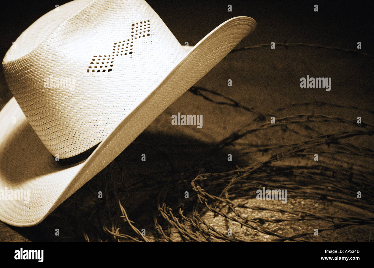 Cowboy hat and barbed wire Stock Photo Alamy