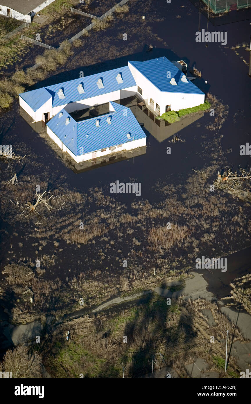 aerial above flooding water house property destruction Sonoma county northern California Stock Photo