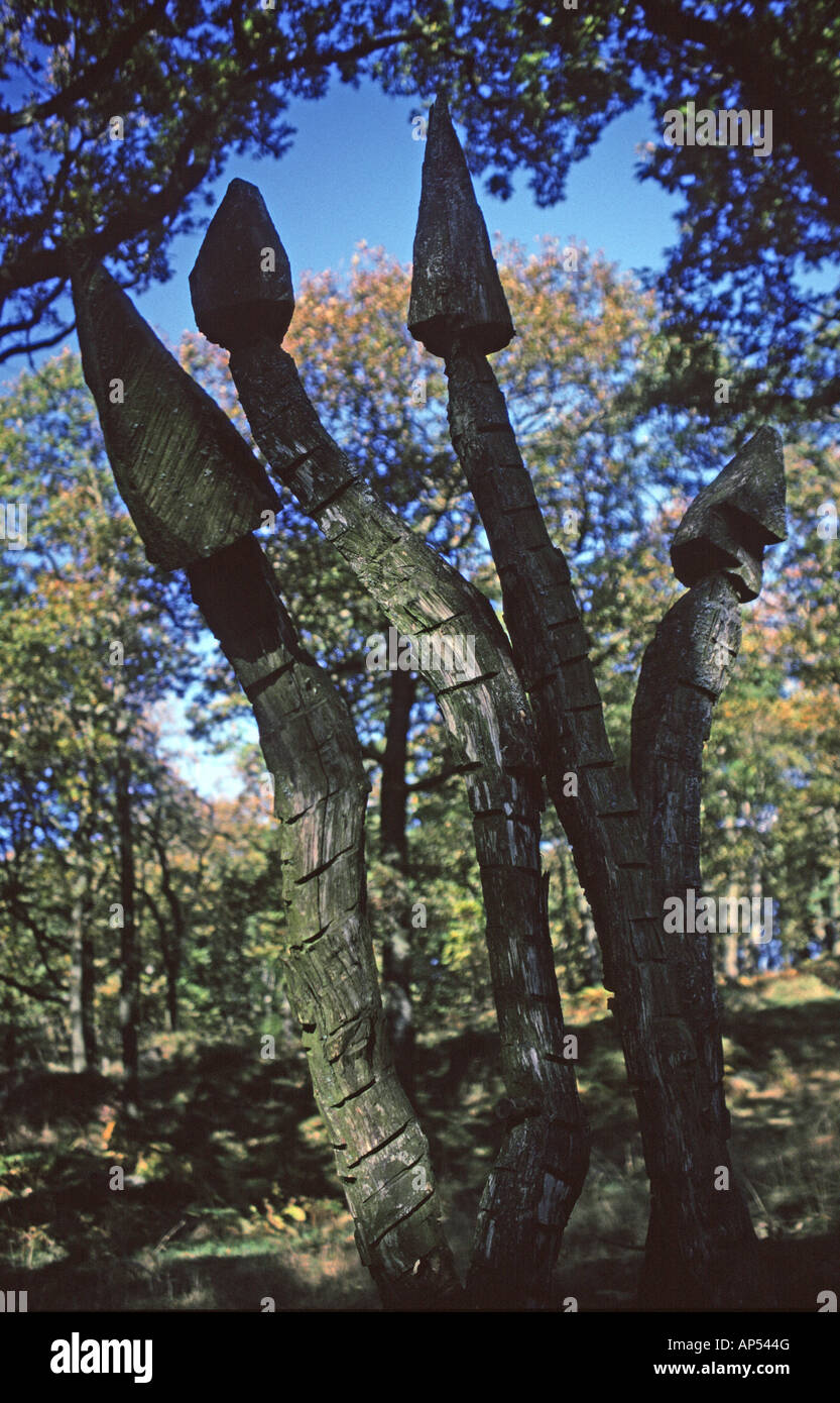 'The Signpost'. Outdooor sculpture by Robert Koenig, 1981. Grizedale Forest Park, Cumbria, England, United Kingdom, Europe. Stock Photo