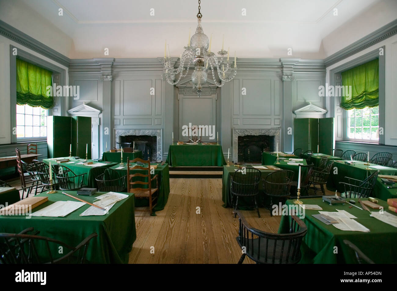 The Assembly Room where Declaration of Independence and U.S. Constitution were signed in Independence Hall, Philadelphia, PA Stock Photo