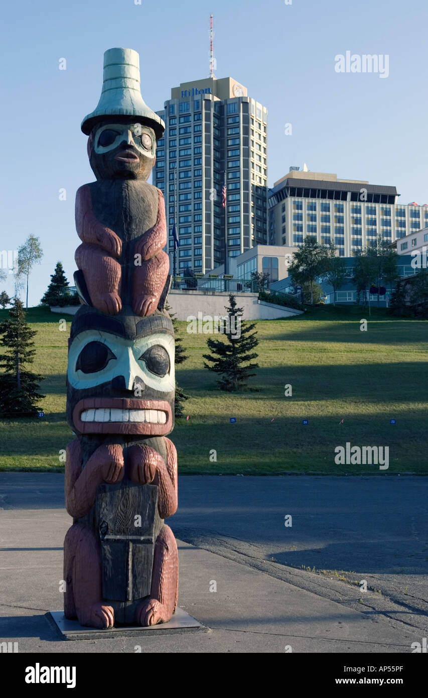 Totem on display near the Anchorage Alasks railway station Stock Photo