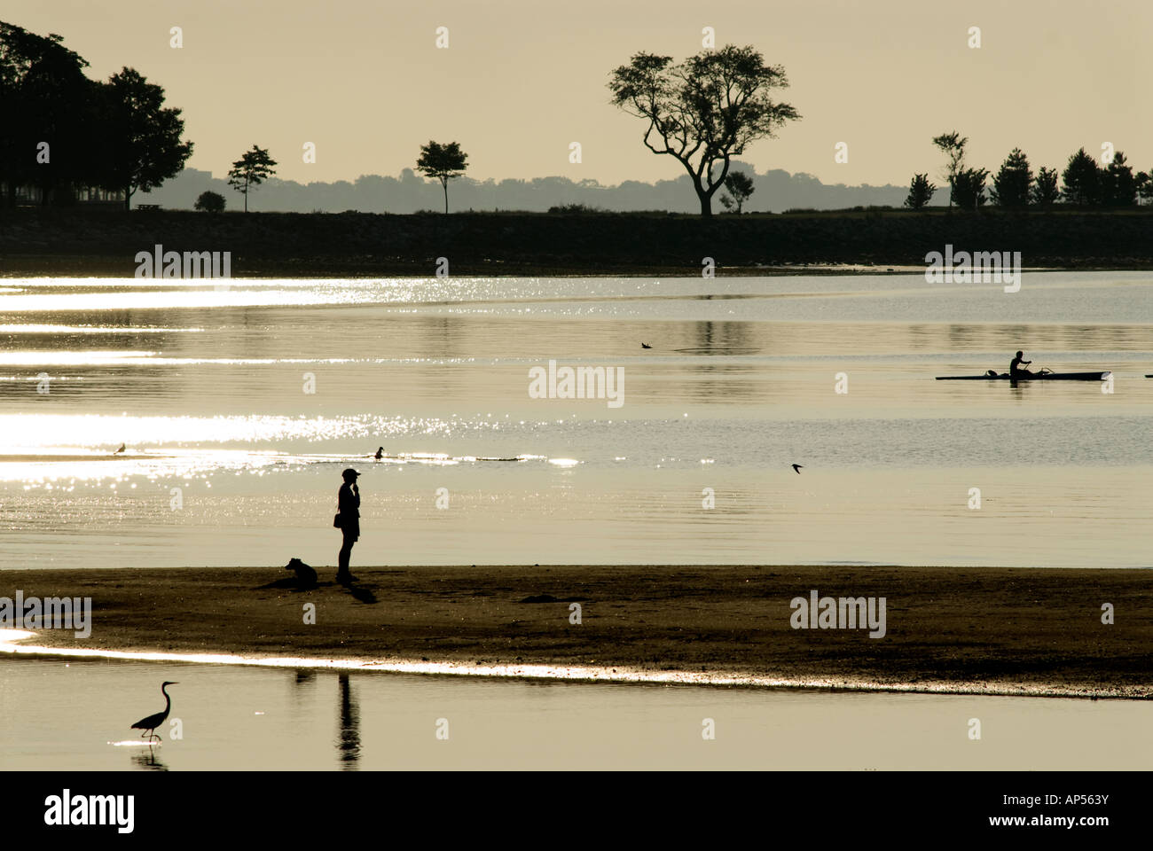 Sunrise silhouette of person standing on sand bar, Compo Beach, Westport, Ct, USA. Stock Photo