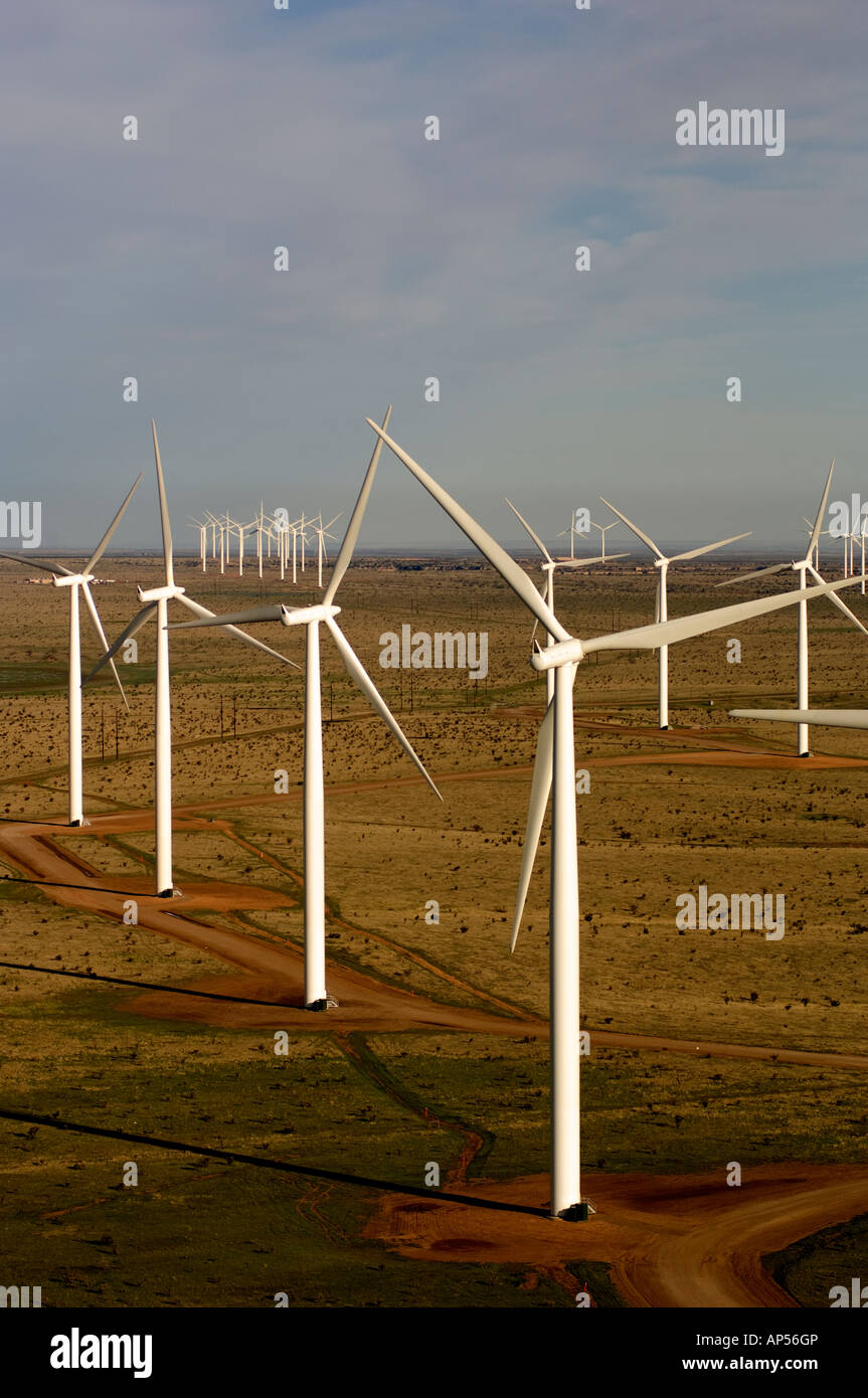 Wind powered turbines on Texas wind farm. Stock Photo
