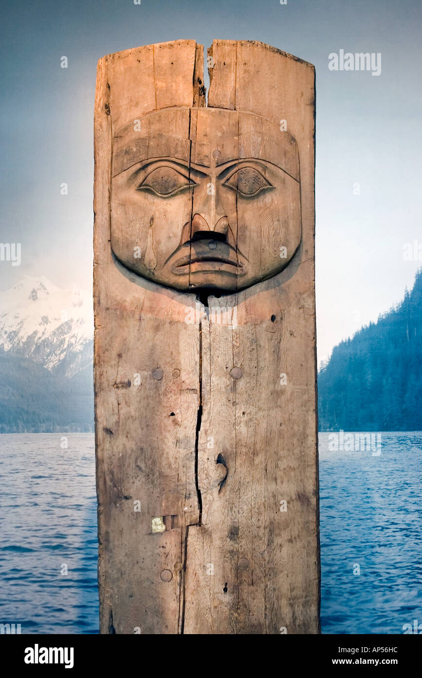 Native American totem pole on display in a building of the SE Alaska ...