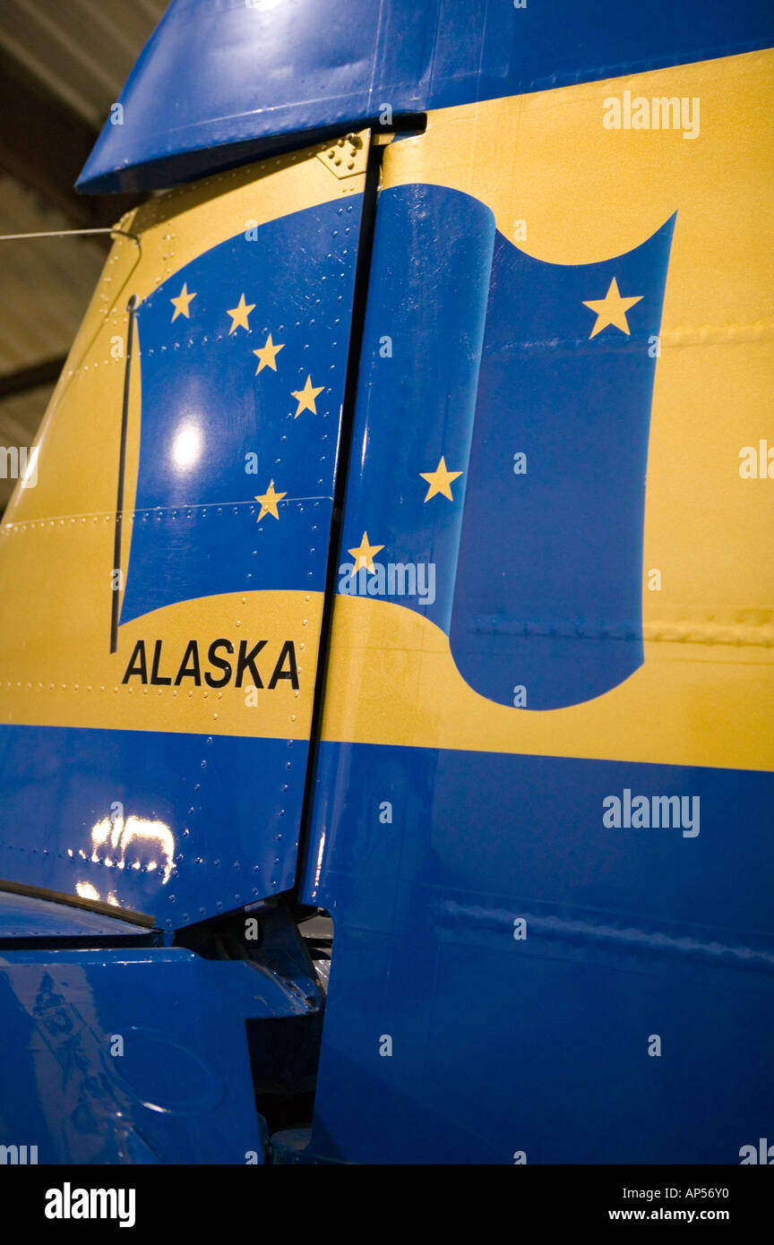 USA, ALASKA, ANCHORAGE: Lake Hood Air Harbor, Alaska Aviation Heritage Museum; Old Bush Plane / Alaska State Flag Markings Stock Photo