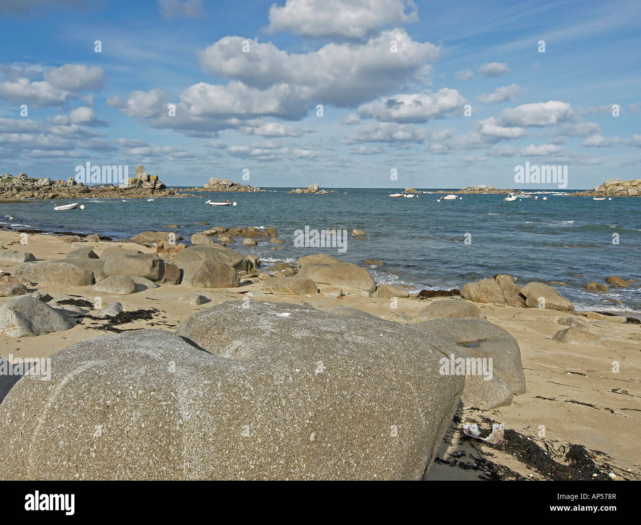 sea Atlantic Ocean with granit rocks at the coast in Finistere Brittany ...