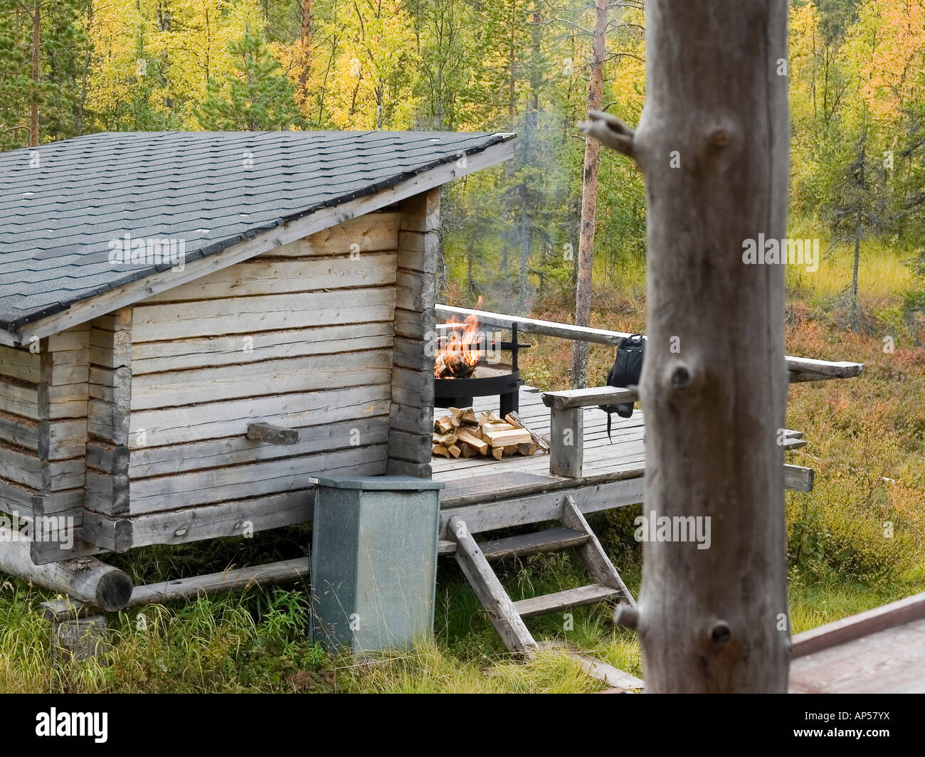 block cabin refugee with fire place for a pause at a trecking route in landscape in Pallas Yllästunturi nationalpark Lapland Stock Photo