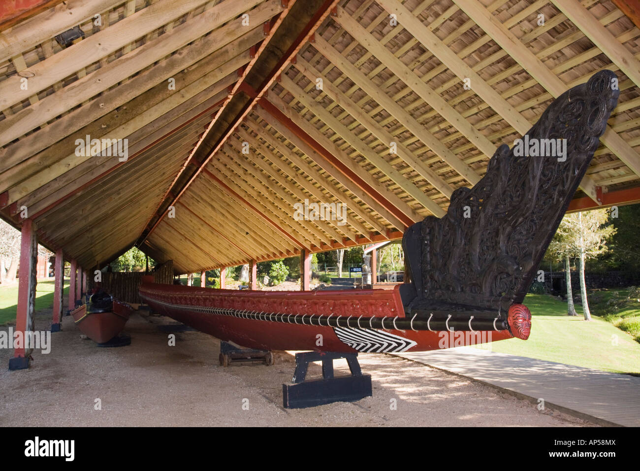 Whare Waka canoe house with largest Maori war canoe Ngatokimatawhaorua