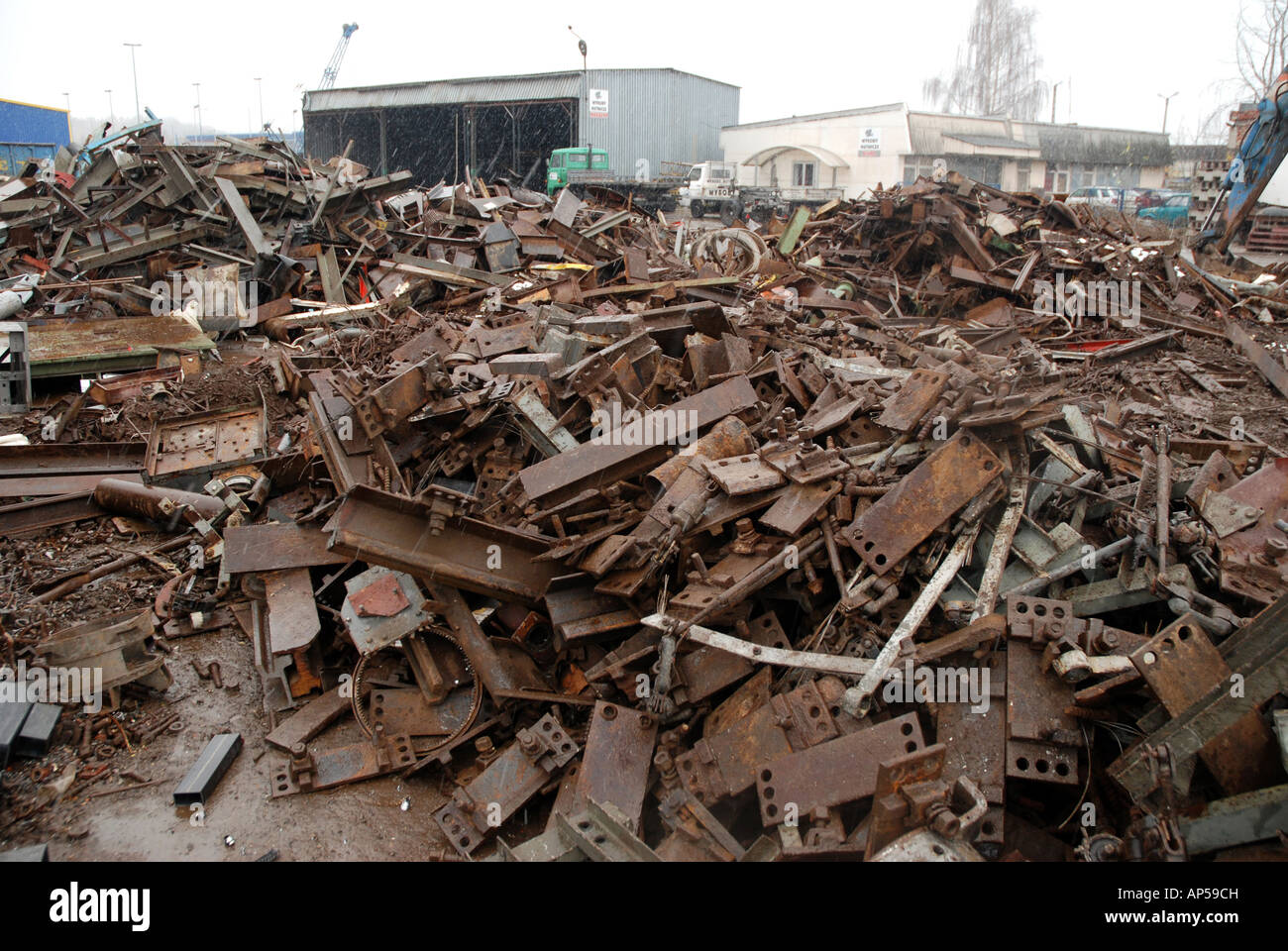 Huge heap of rusty scrap metal on junkyard in Warsaw, Poland Stock Photo