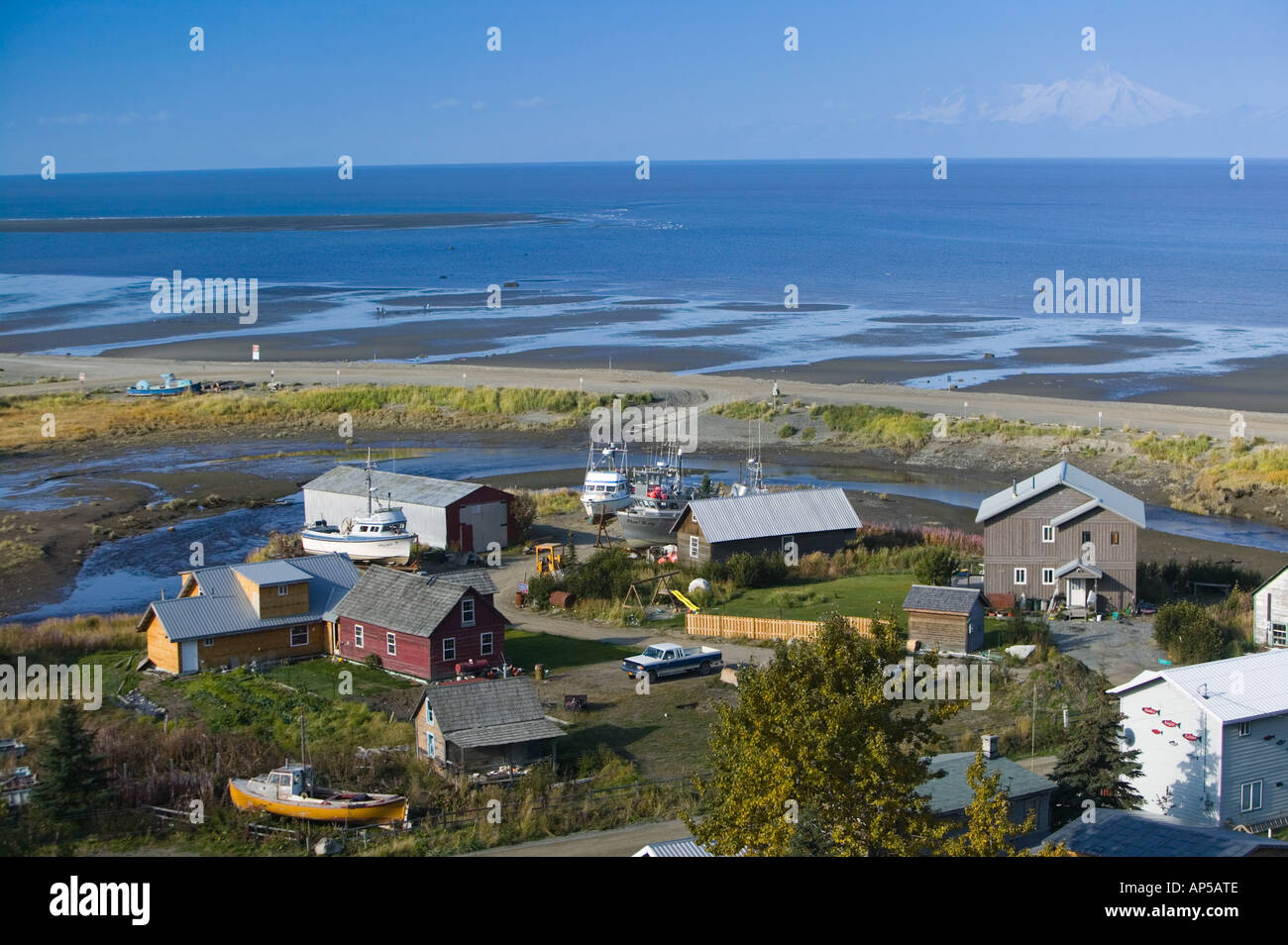 USA, ALASKA, KENAI PENINSULA, NINILCHIK: Town View with Iliamna Volcano Stock Photo