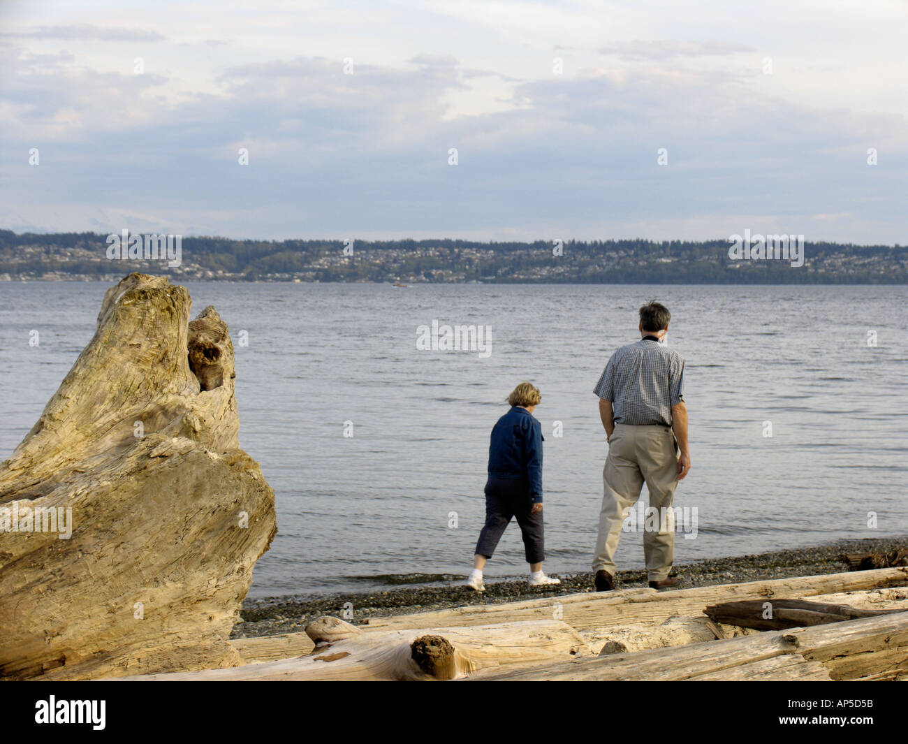 Middle aged couple walking on Puget Sound beach at Point Robinson park ...