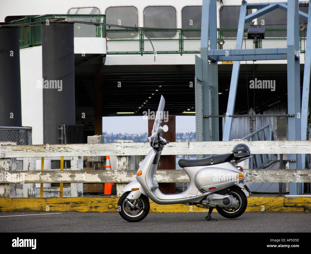 Vespa motorscooter parked at ferryboat dock Vashon Island Washington