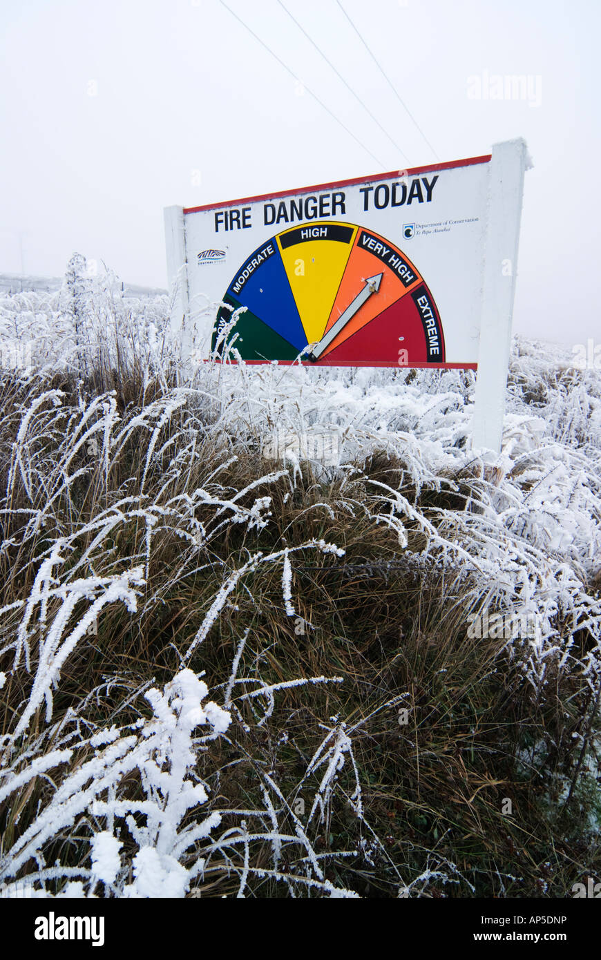 Fire danger sign indicatina a very high risk yet in winter hoarfrost conditions. Stock Photo