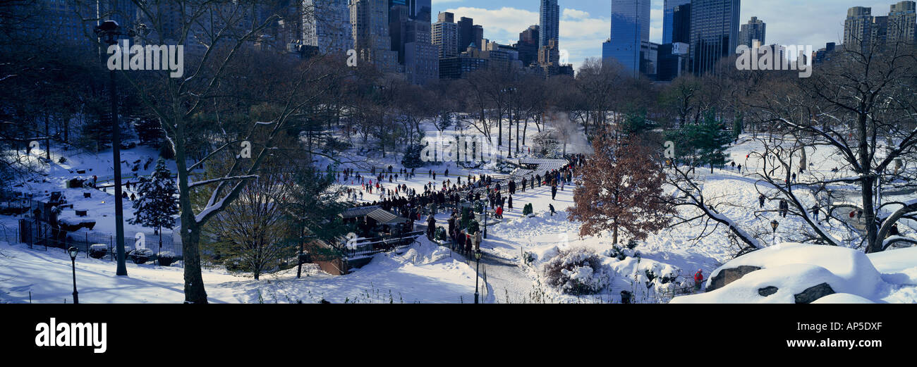 Panoramic view of ice skating Wollman Rink in Central Park Manhattan New York City NY after winter snowstorm Stock Photo