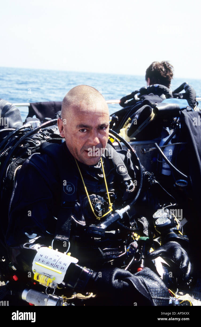 Technical Diver. Technical SCUBA diver. Trimix gas mix. Diver onboard