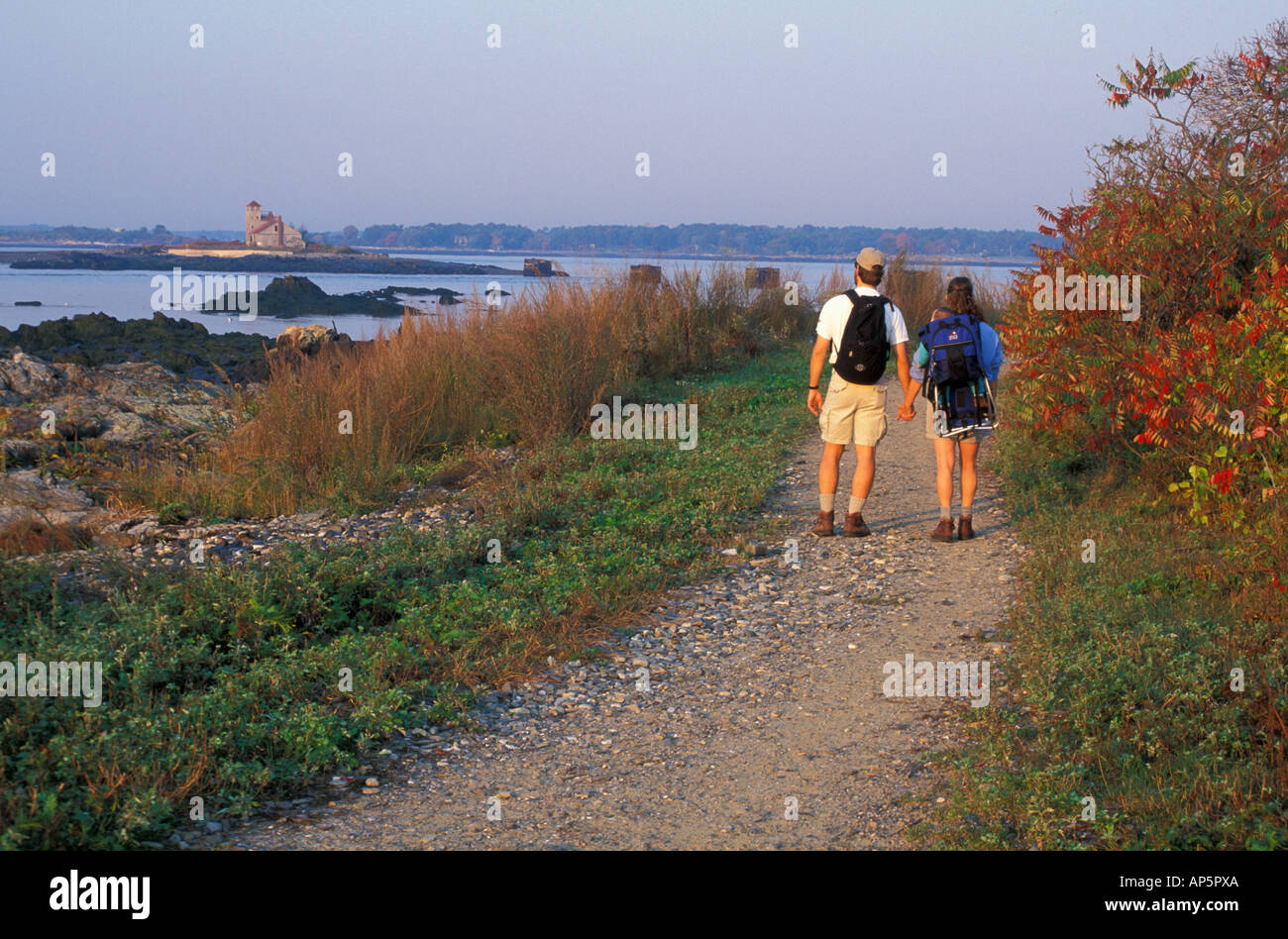 Kittery, ME. A family walks a trail at Fort Foster State Park. (MR