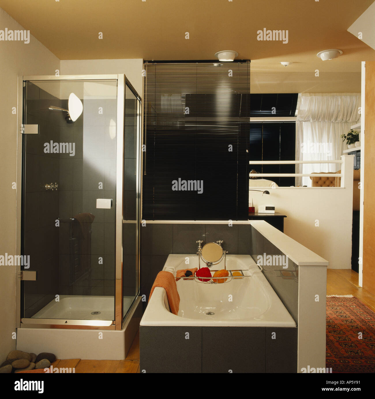 Small Shower And Bath In Charcoal Gray And White Modern En