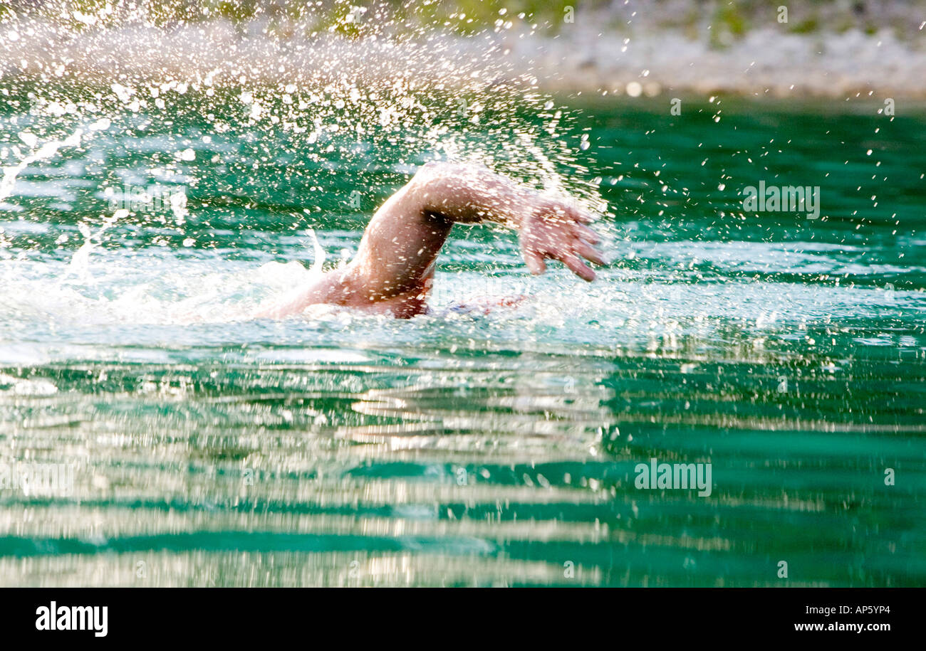 Swimming in Foys Lake Montana (MR) Stock Photo