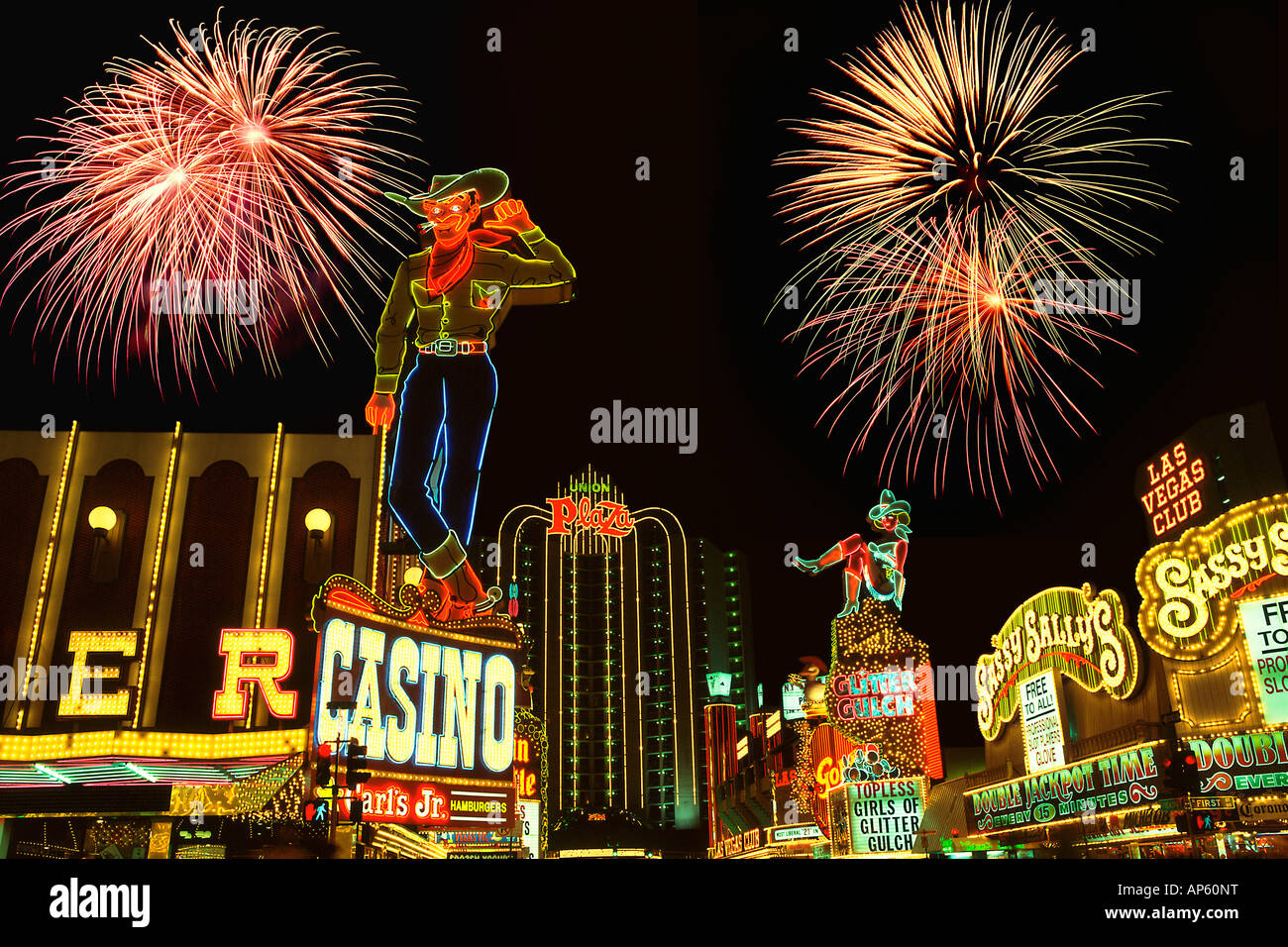 Las Vegas, Fremont Street at night, fireworks, Nevada, USA, Digital Composite Stock Photo