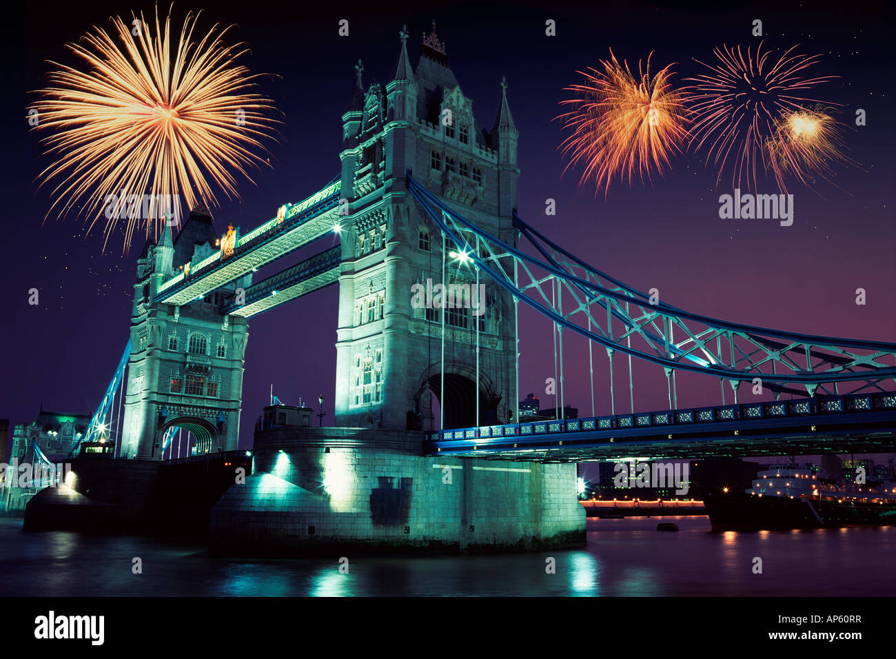 Tower Bridge fireworks at night, London, UK, digital composite Stock Photo