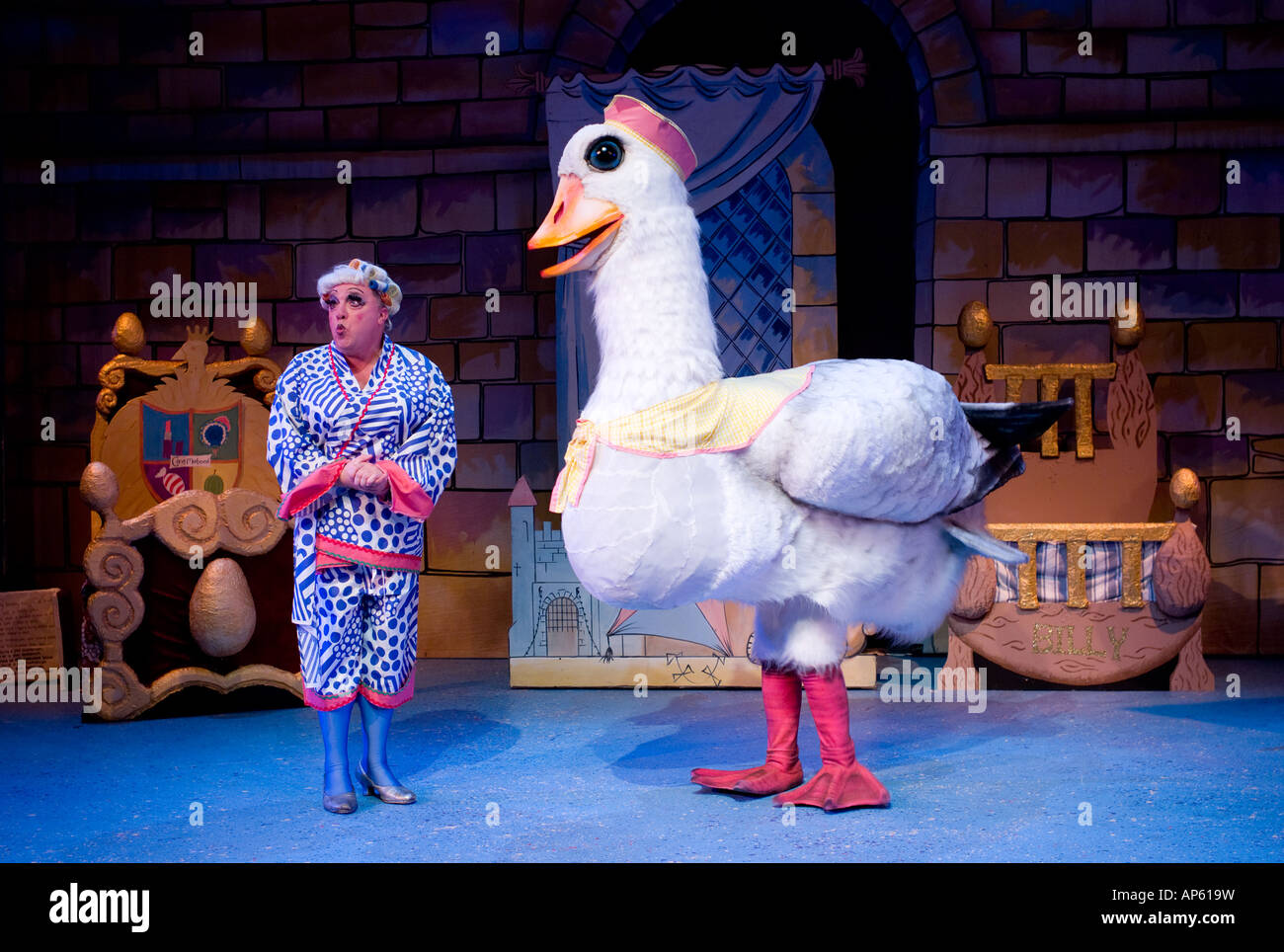 actors performing Mother Goose amateur pantomime on stage at Aberystwyth Arts Centre Wales UK Stock Photo