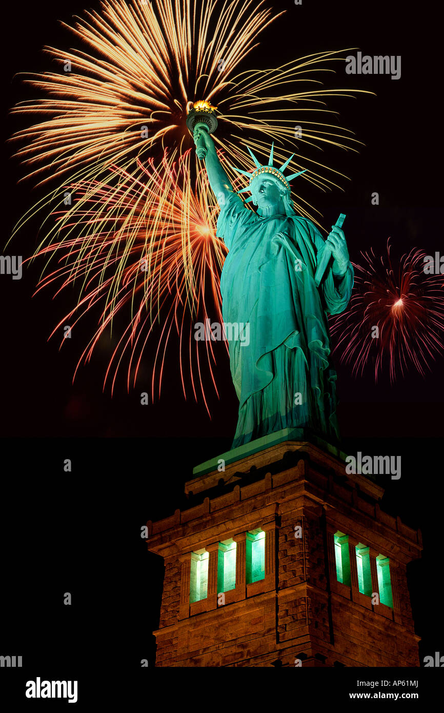 Statue of Liberty and fireworks, night, New York City, New York, USA