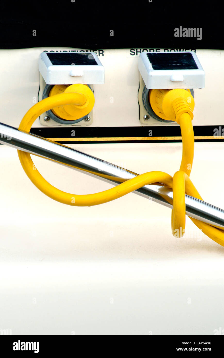 2 utility extension cords connected to outlets on boat Stock Photo Alamy
