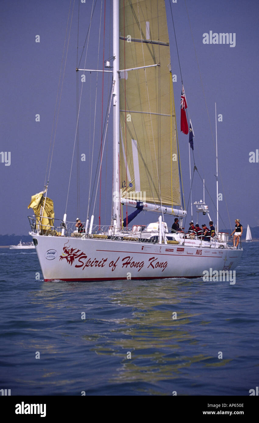 Racing Yacht Spirit of Hong Kong with crewe at Cowes Isle of Wight Stock Photo