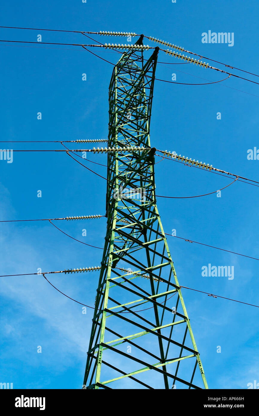 Power pole and cables on cloudy sky Stock Photo Alamy