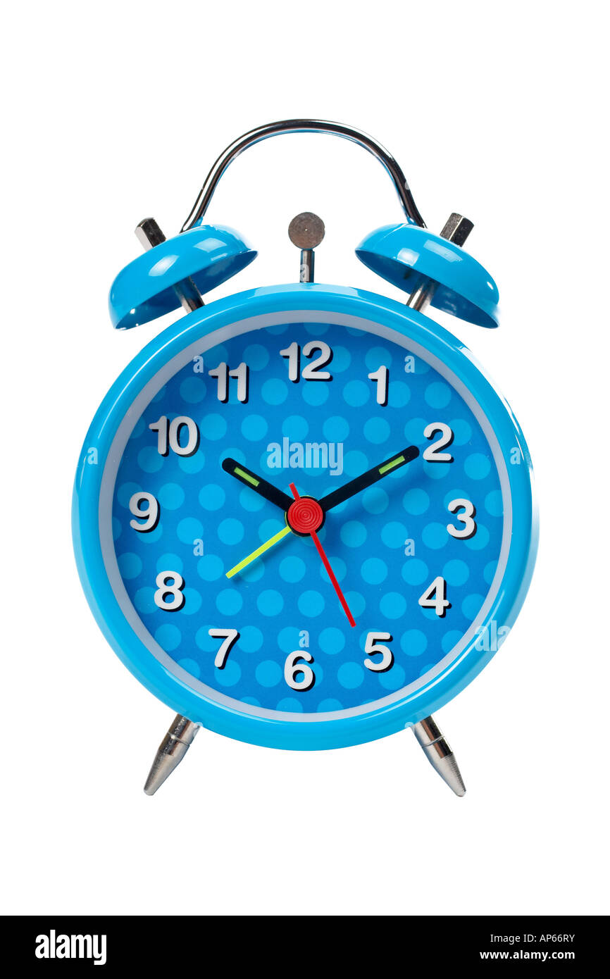 Blue alarm clock with bells on top isolated over white background Stock Photo Alamy
