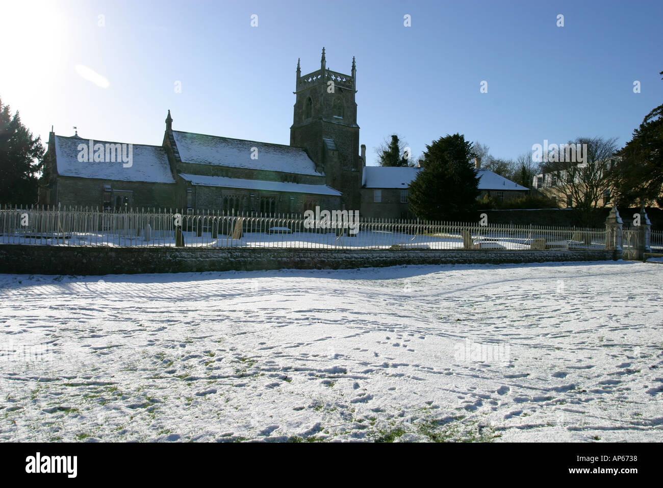 Church at Lydiard Tregoze in the snow Stock Photo