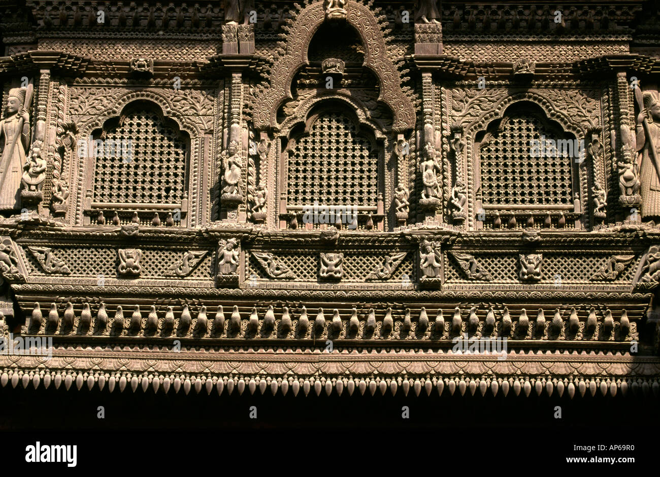 Nepal Kathmandu Durbar Square Kumari Bahal home of living goddess carved window Stock Photo