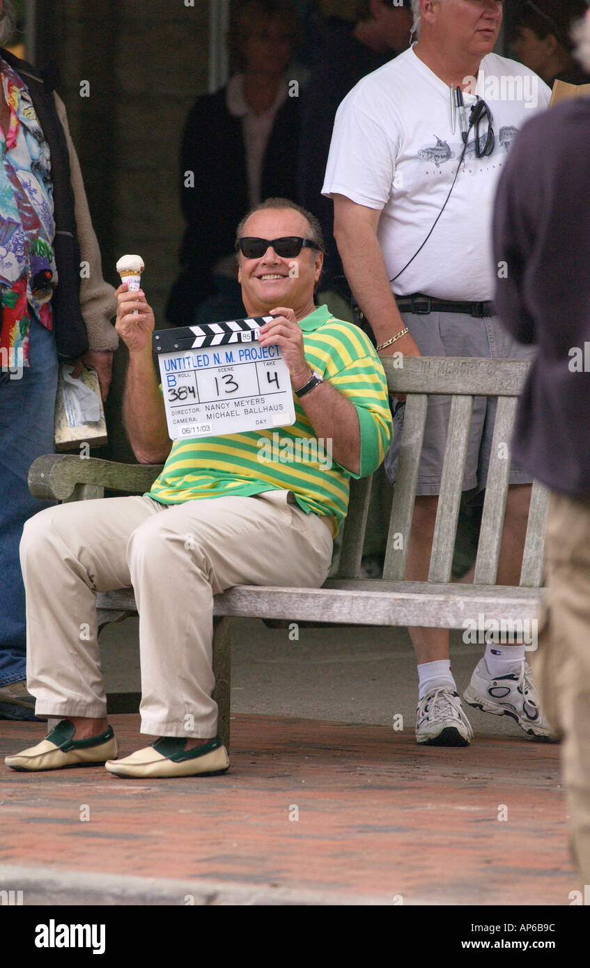 East Hampton NY 061103 Actor Jack Nicholson eats ice cream while on the set of his new movie part of which was being filmed on Newtown Lane in East Hampton Wed afternoon The film also stars Amanda Peet Diane Keaton Francis McDormid and Keanu Reeves The film is untitled at this time Stock Photo