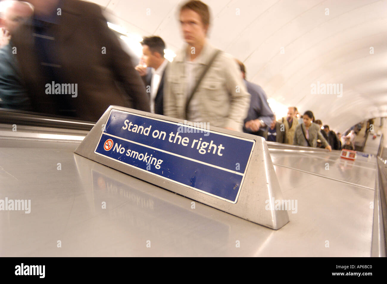 Stand on the right sign London underground escalator Stock Photo Alamy