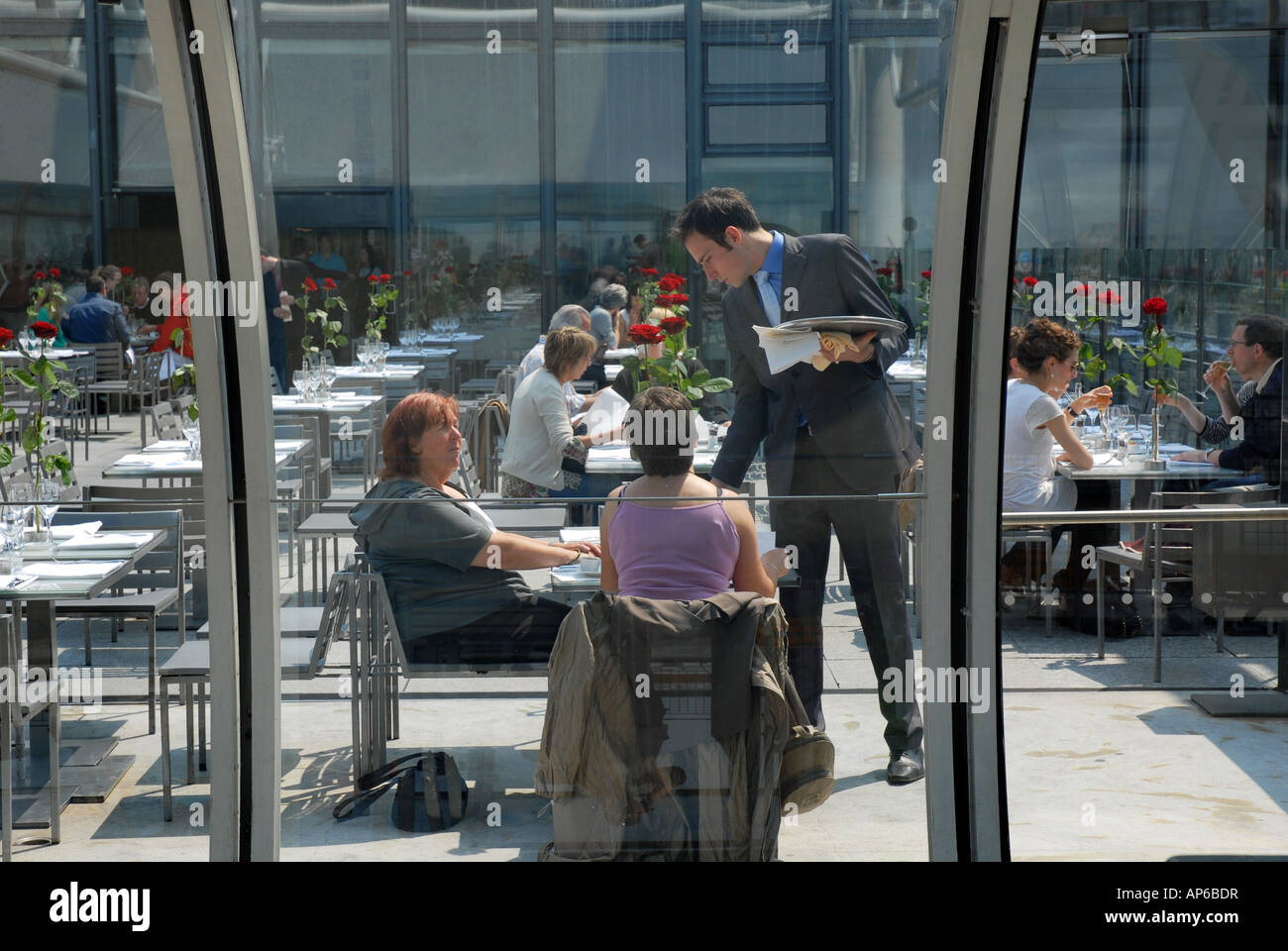 Diners eating lunch in the restaurant on the roof of the Pompidou ...