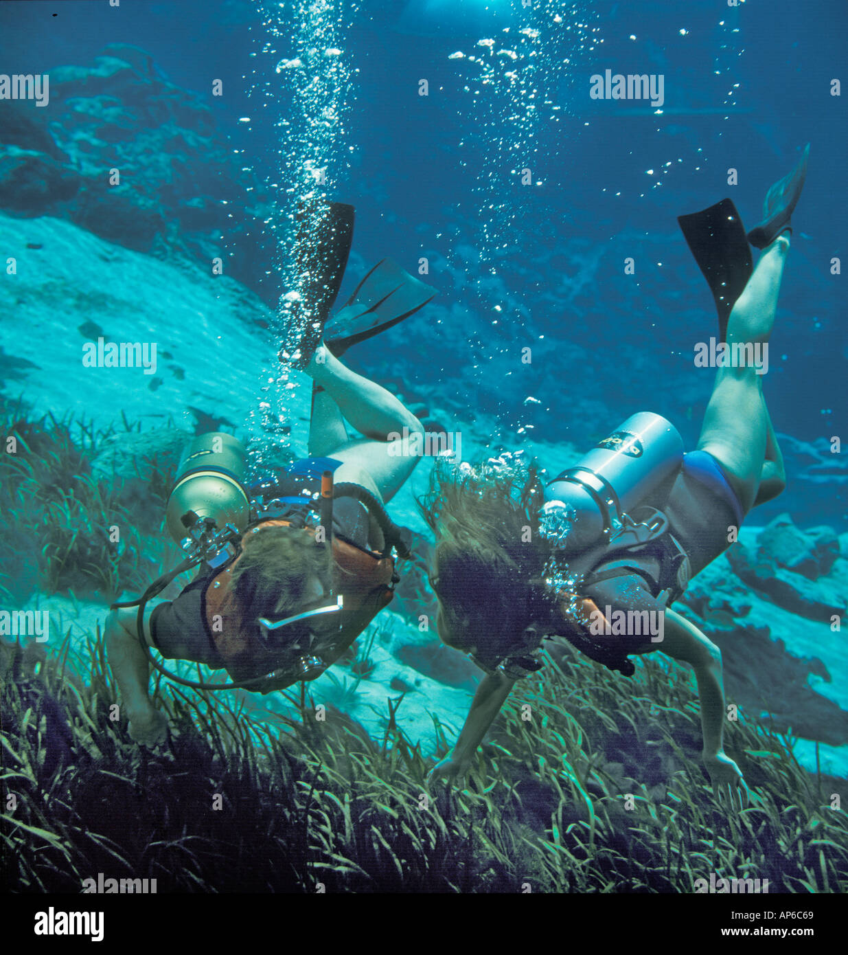 two skin divers explore clear spring and caves Stock Photo Alamy