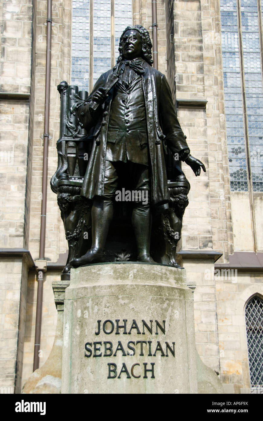Statue of composer JS Bach outside St Thomas Church in Leipzig Germany