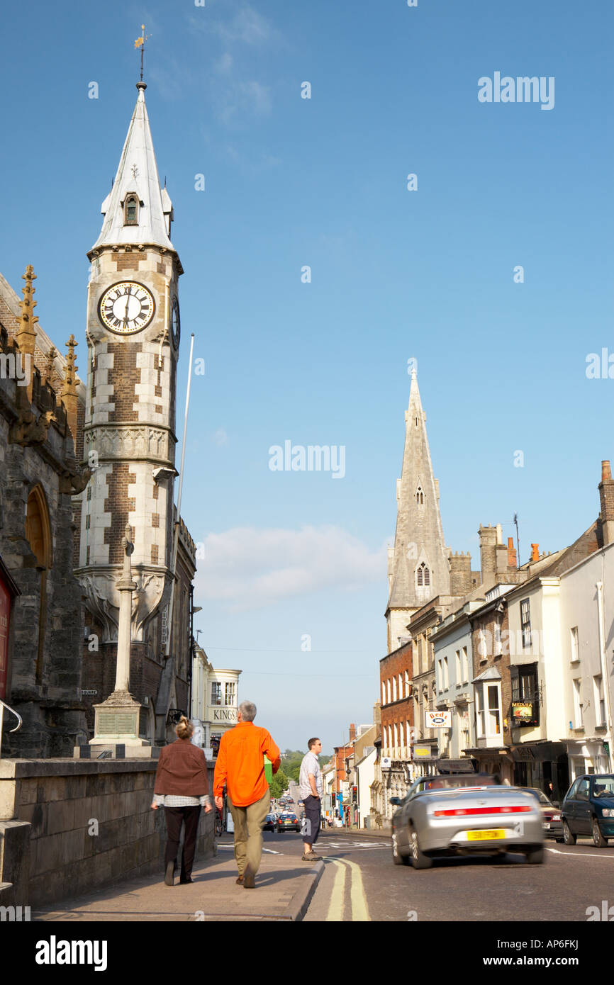 Facing down High West Street in Dorchester with the Town Hall Corn Exchange on the left, Dorset