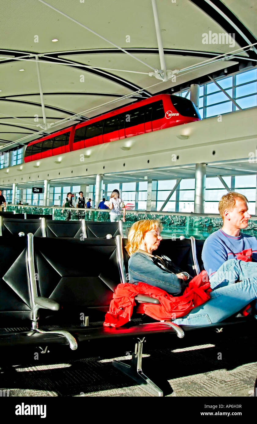 The mono rail shuttle runs above the departure terminal EM at Detroit s