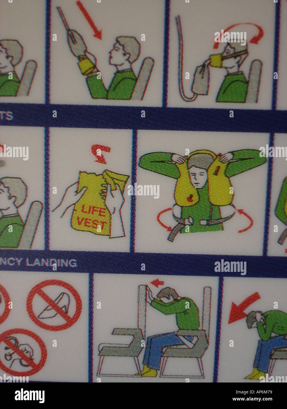 Aircraft passenger safety information card with emergency Stock Photo