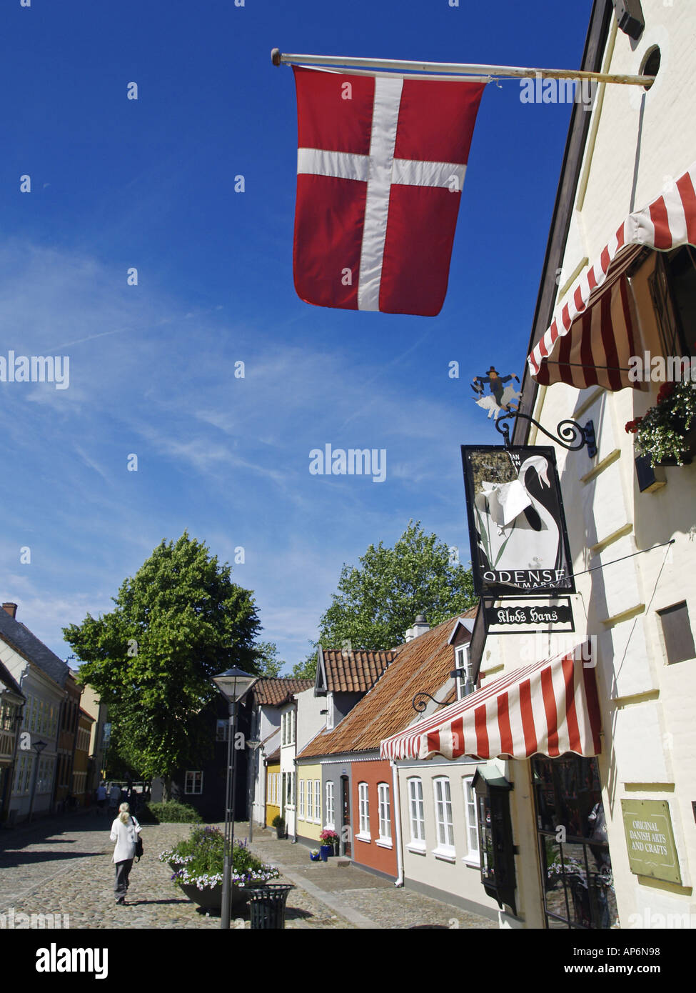 sign with Andersens swan, danish flag, Dannebrog Stock Photo