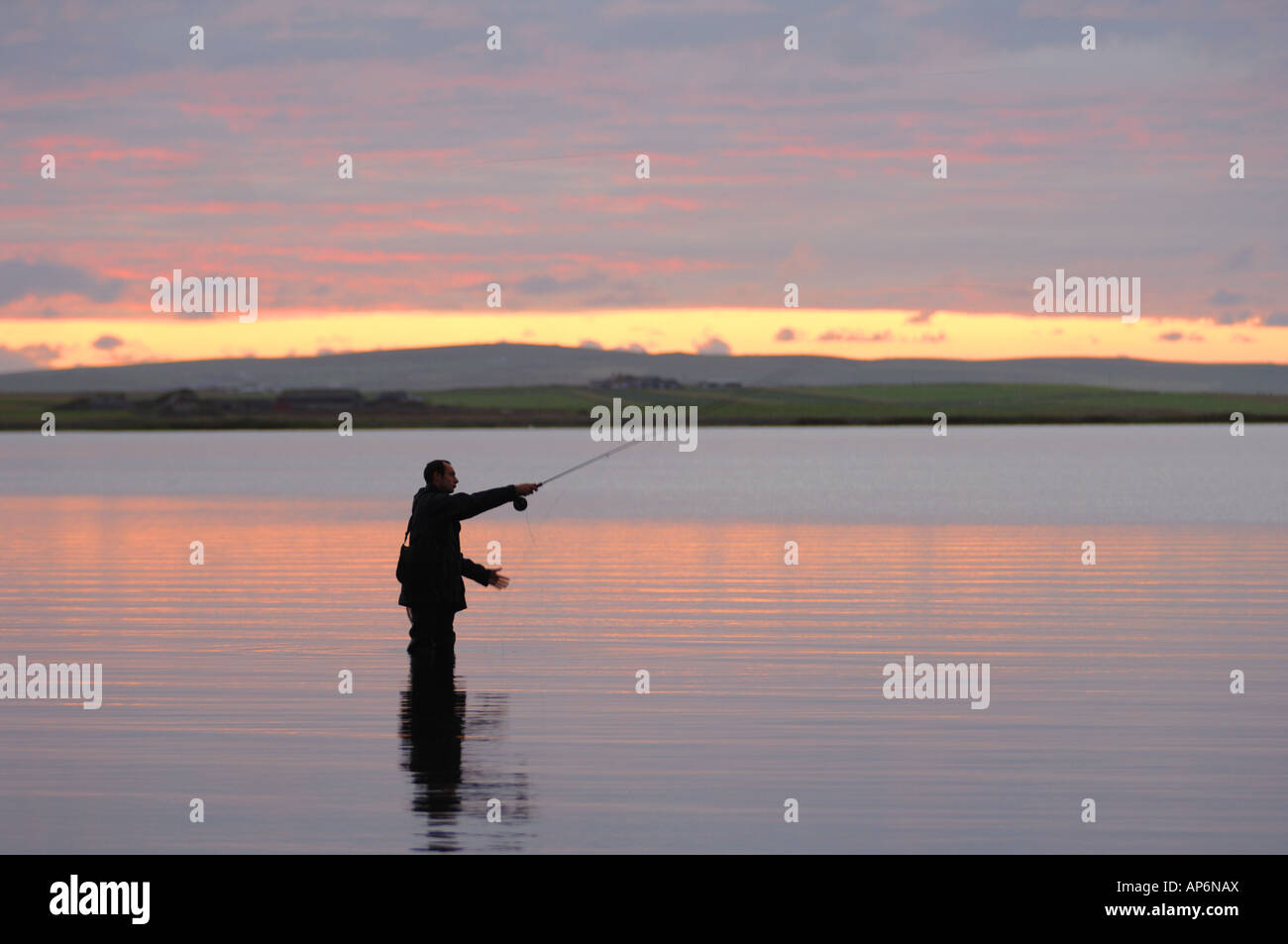 Fly Fishing on the Loch of Stenness at sunset Mainland island Orkney Scotland Stock Photo