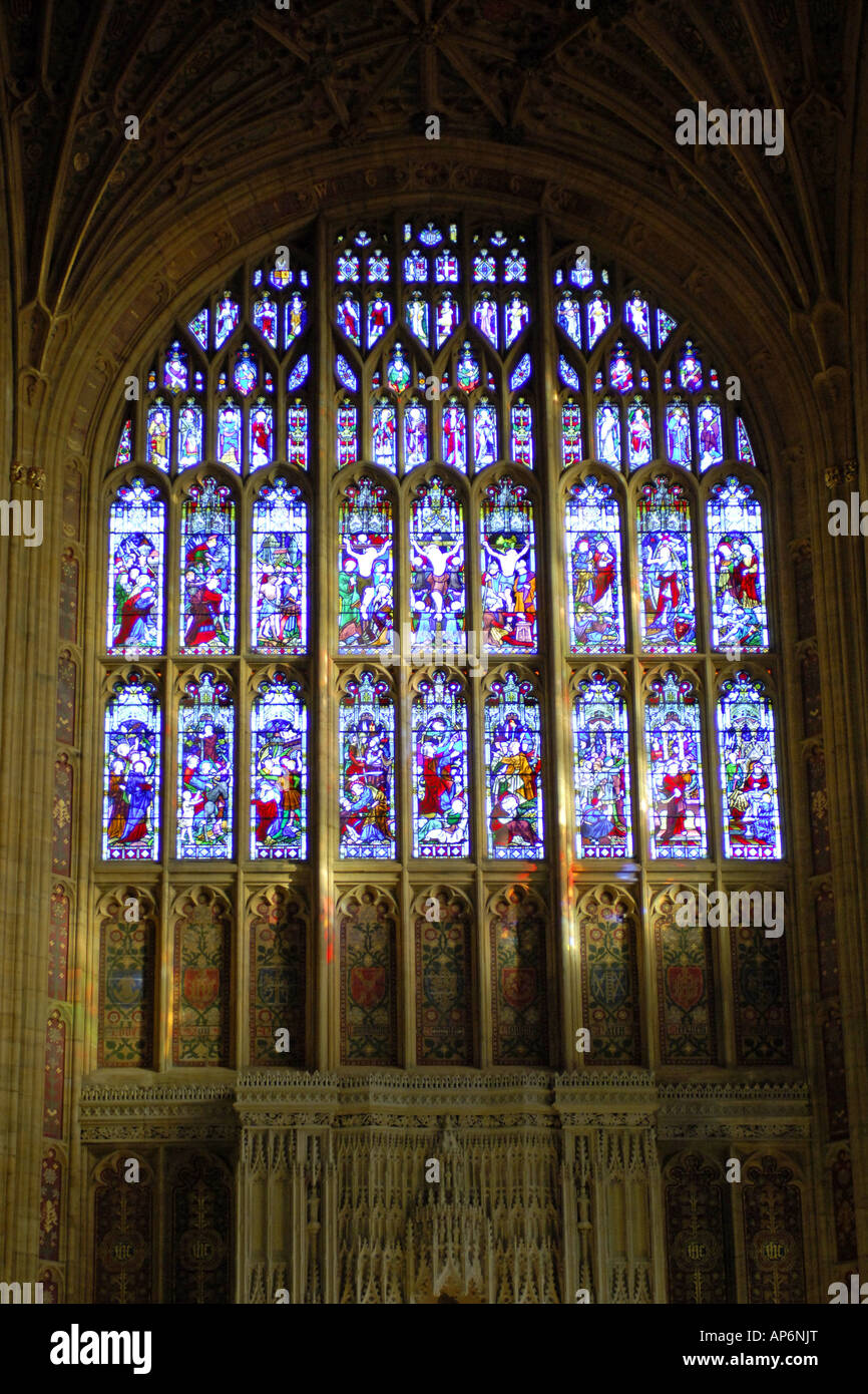 Stained Glass windows inside Sherborne Abbey Dorset England UK Stock