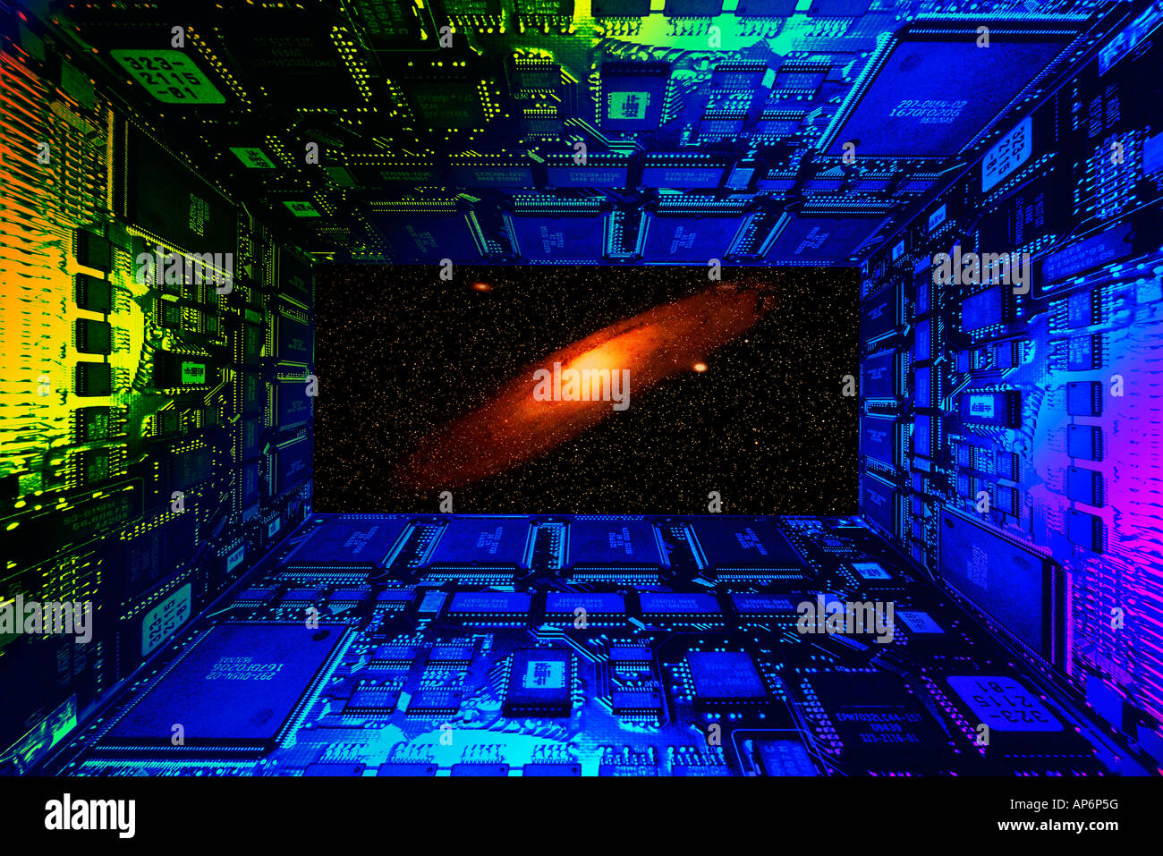 Galaxy Computer Matrix Computer boards with microchips 3D galaxy, digital composite Stock ...