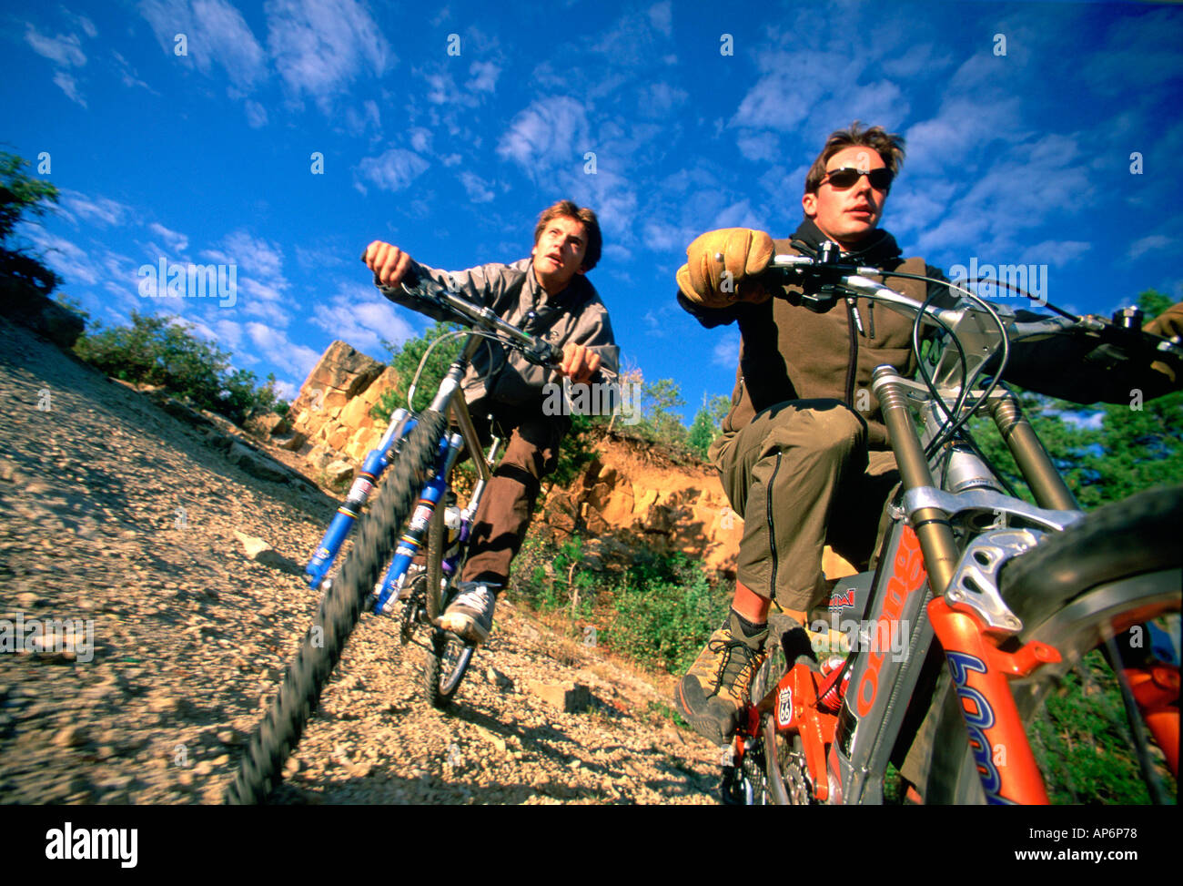 Two friends exploring on mountainbikes, Steamboat Springs, Colorado, USA Stock Photo