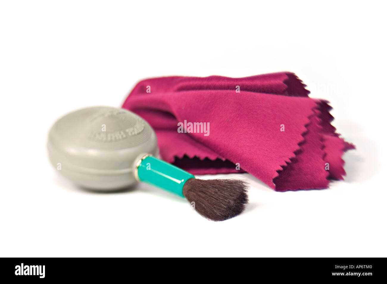 lens cloth and camera blower brush on a white background Stock Photo