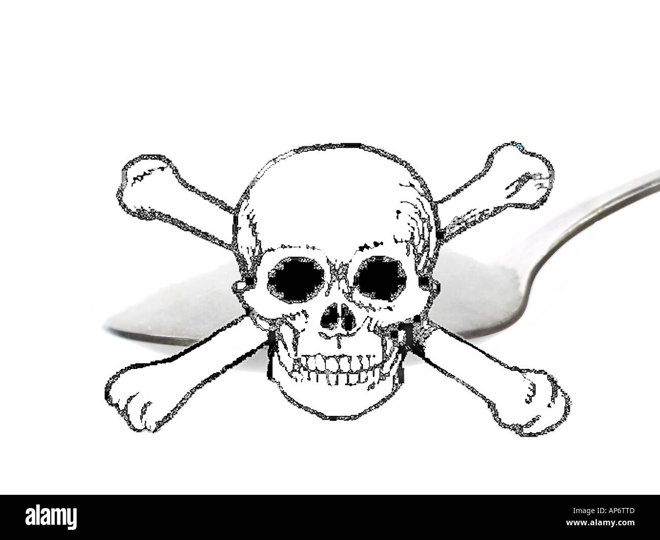 spoonful of white powder (sugar or other) with skull and crossbones on a white background Stock Photo