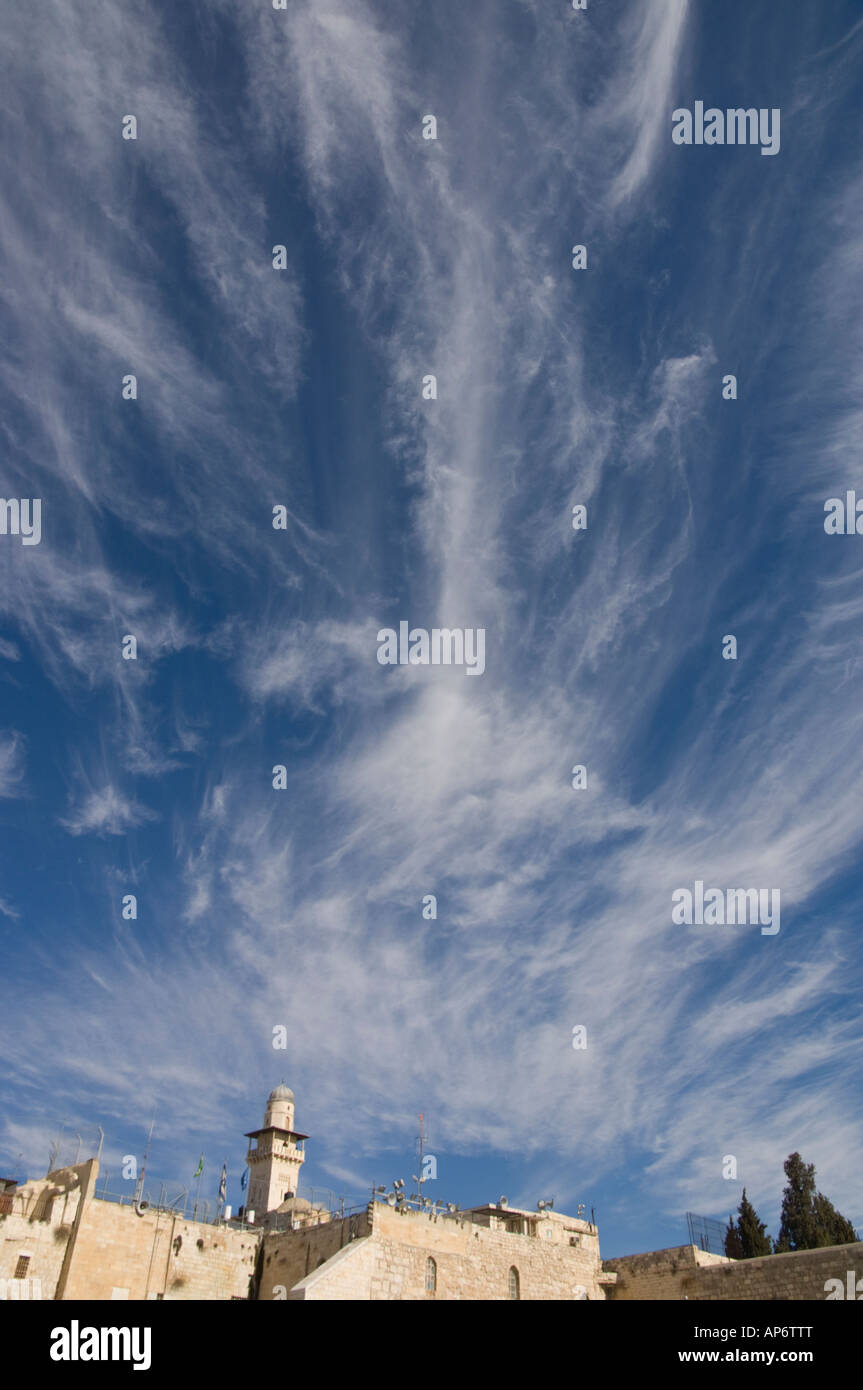 Israel Jerusalem old City Western Wall view with minaret on esplanande of the mosque and winter sky Stock Photo